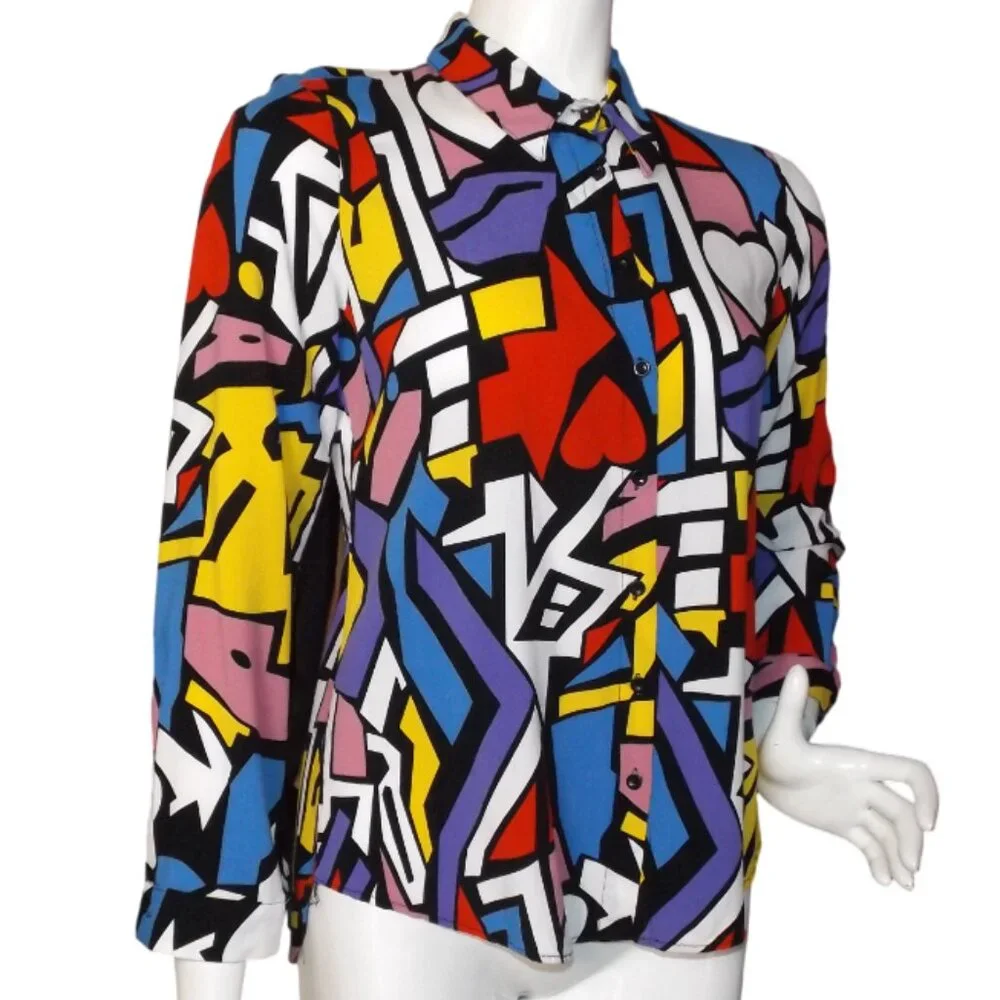 Vintage Blouse, M, 90's Vibes, Color block/patterns, Long sleeve, Button Up - Picture 2 of 9